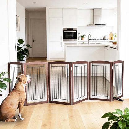 ZJSF Freestanding Dog Fence Indoor, Foldable Dog Gate for Doorways, Stairs or Hallways, Sturdy Wood Extra Wide Pet Gate with Support Feet for The House, Brown, 32 "Height-6 Panels