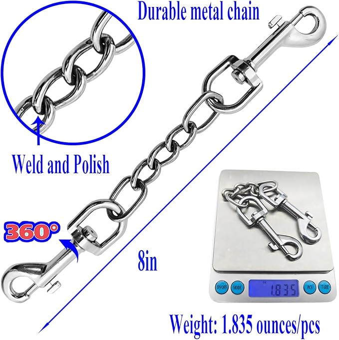 Dog Collar Safety Clip Metal Clasp Double Ended Connector 2 Pack Prong Chew Proof Backup Dog Clip for Pet Harness Collar Leash Necklaces Dog Strap Lead Carabiner Heavy-Duty Chain 8 inch