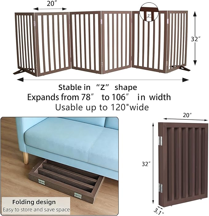 Dog Gate Indoor, Freestanding Dog Fence for The House, Doorways, Hallways,or Stairs,Pet Gate Foldable Wooden,Expandable 32" Height 6 Panels,Brown