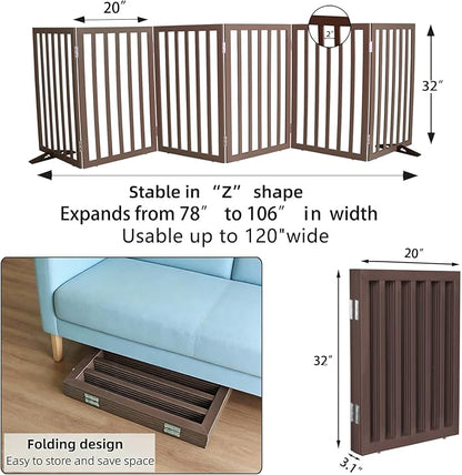 Dog Gate Indoor, Freestanding Dog Fence for The House, Doorways, Hallways,or Stairs,Pet Gate Foldable Wooden,Expandable 32" Height 6 Panels,Brown