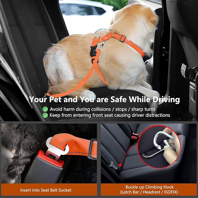 VavoPaw Dog Seat Belt Harness for Car, Dog Car Harness Adjustable Mesh Breathable & Dogs Seatbelt Safety Tether with Elastic Bungee for Small Medium Large Pets(Orange, S)