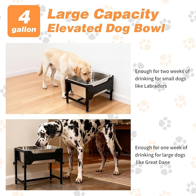 4 Gallons Elevated Large Dog Water Bowl, 4 Height Adjustable Stainless Steel Raised Dog Bowls with Stand, Indoor Outdoor Pet Water Bowl Relief Joint Pressure Pet Dishes for Dogs Easy Clean