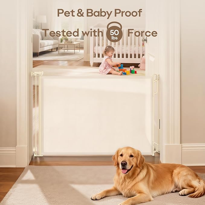 SPACEANY Retractable Safety Baby Gate or Mesh Dog Gate,Durable Portable Mesh Retractable Gate,Easy to Use for Stairs, Doorways, Hallways, Indoor, Outdoor, 33.5" Tall, Up to 45" Wide, Cream