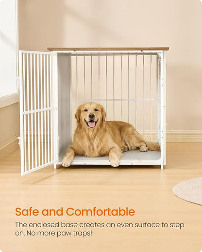 Feandrea Wooden Dog Crate Furniture, 48 Inches Heavy-Duty Kennel for Dogs up to 110 lb, with Double Doors and Enclosed Wood Base, Modern Pet Cage End Table Indoor, Rustic White and Honey Brown