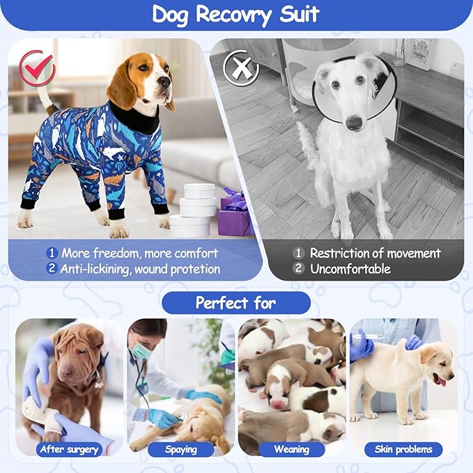 Etdane Dog Surgery Suit Recovery Suit for Dogs Female Spay, Male Neuter Dog Onesie After Surgery Surgical Bodysuits Anti Shedding Suit Sharks/M