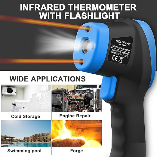HOLDPEAK Pyrometer D:S=50:1, High Temp Infrared Thermometer -58℉~3272℉(-50℃~1800℃), Non-Contact Industrial Laser Thermometer Gun with Flashlight, Digital IR Temperature Gauge HP-1800 (NOT for Human)