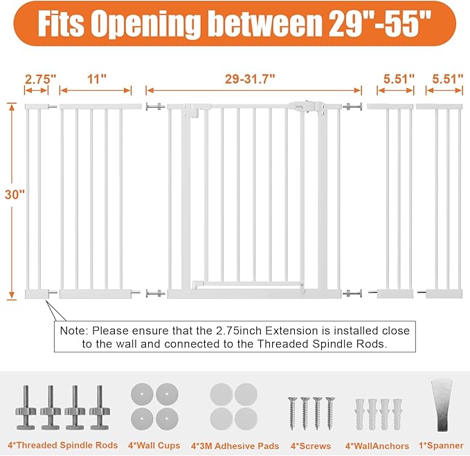 keny 29"-55" Extra Wide Baby Gate, Pressure Mounted No Drilling Dog Gate for Stairs Doorways, Easy Walk Through Safety Gate for Babies or Pets, 30" Tall, White