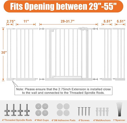 keny 29"-55" Extra Wide Baby Gate, Pressure Mounted No Drilling Dog Gate for Stairs Doorways, Easy Walk Through Safety Gate for Babies or Pets, 30" Tall, White