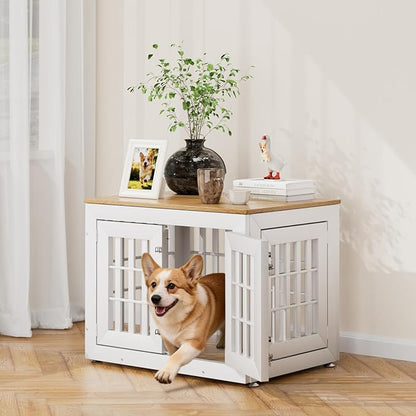 Snuowu 32" Heavy Duty Dog Crate Furniture for Small,Medium and Large Dogs,Rustic Wooden Dog Cage Kennel Indoor Furniture with Waterproof Top,Decorative Pet House Side End Table (White & Wood)