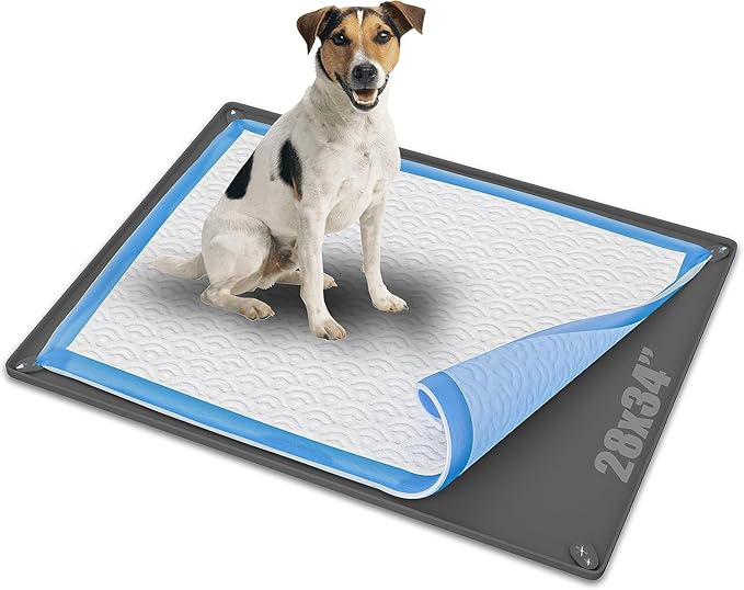 TidyFriend Puppy Pad Holder Tray Fits for 28” x 34” Pee Pads with Corner Lock Holes, Raised Edges, Non-Spill, Easy to Clean Silicone Puppy Potty Tray Holder, for Indoor Floor Protection (Grey)