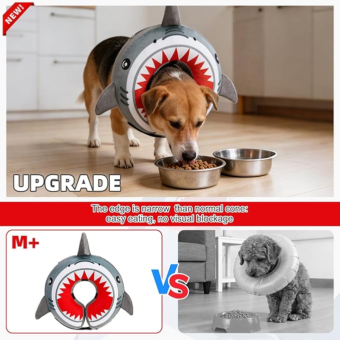 KOOLTAIL Inflatable Dog Cone Collar, Soft Donut E Collar for Dogs After Surgery to Stop Licking Enhanced Alternative, Blow Up Pet Neck Pillow Recovery Adjustable Cone for Dog Cat, Upgrade Size,Shark M
