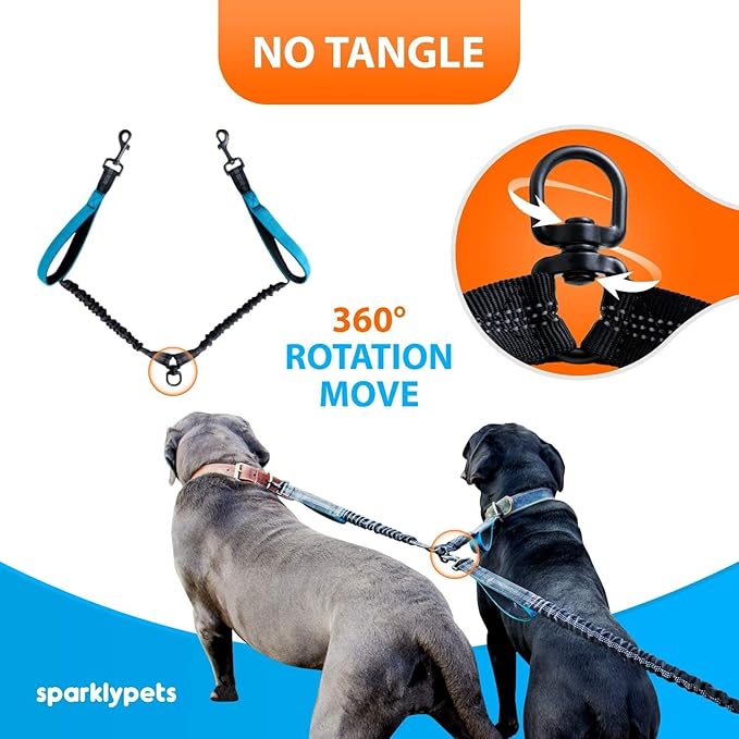 SparklyPets - Hands Free Dual Dog Leash for Medium and Large Male Dogs - Padded Handles, Reflective Stitches, No Pull, Tangle Free - Walking, Hiking, Jogging, Canicross Waist Leash - Gradient Blue