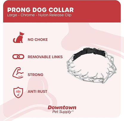 Downtown Pet Supply Chrome Plated/Nylon Prong Collar for Dogs, Large - Adjustable, No-Choke and No Pull Dog Collar with Removable Links - Pinch Collar for Dogs Over 50 lbs and 22" Neck Width