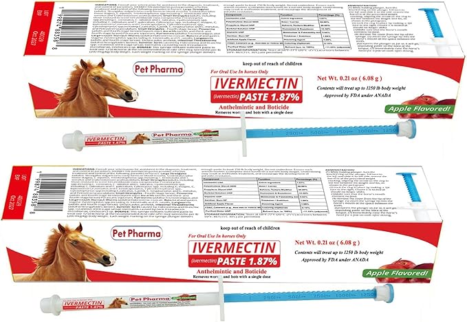 Ivermectin Paste 1.87% Only Use for Horses – Apple Flavor Oral Paste – 6.08g Syringe - Gel Dewormer for Horse - Safe for Equine of All Ages (2 - Pack)