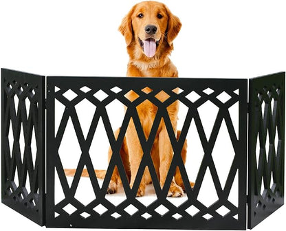 Etna 3-Panel Diamond Design Wood Pet Gate - Decorative Black Tri Fold Dog Fence for Doorways, Stairs - Indoor/Outdoor Pet Barrier - 24-48 Inches Wide x 19 Inches Tall