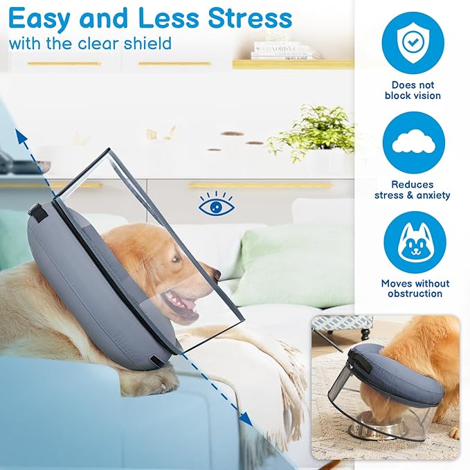 BARKLESS Donut Cone for Medium Dogs, Protective Collar After Surgery to Stop Licking, Patented Blow up Dog Surgery Collar with Transparent Shield, Inflatable Pillow Cone