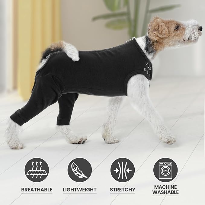 IDOMIK Dog Recovery Suit,Dog Leg Sleeve to Stop Licking Rear Legs,Thigh Wound Protective Sleeve,Male Female Pet Surgical Clothes,Doggy Surgical Suit with Pants Cover,Cone Collar Alternative,Black,S