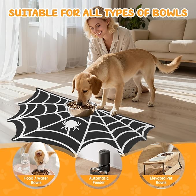 Dog Cat Food & Water Mat, Spider Web Pet Feeding Mat for Floor Non-Slip Waterproof, Super Absorbent Quick Dry Placemat Pet Food Bowl Mat, Halloween Decor, Pets Accessories Indoor (20 * 32 in)