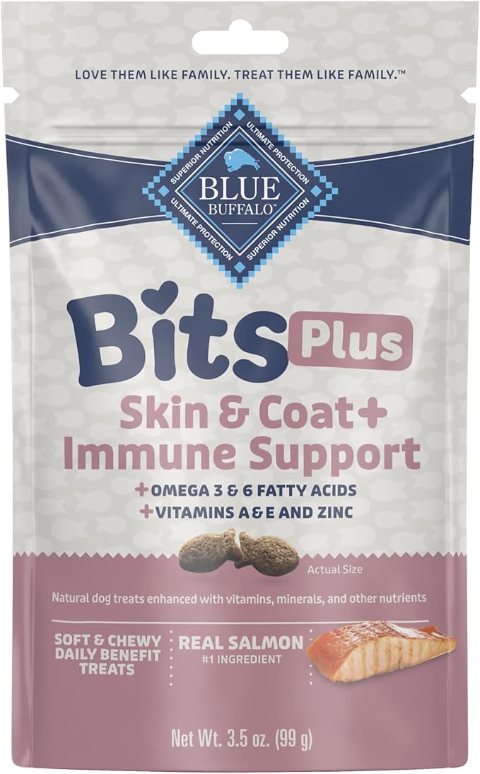 Blue Buffalo Blue Bits Plus Skin & Coat and Immune Support Daily Benefit Dog Treats, Soft & Chewy Salmon Morsels, 3.5-oz. Bag