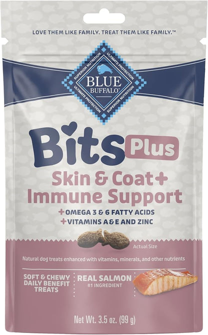 Blue Buffalo Blue Bits Plus Skin & Coat and Immune Support Daily Benefit Dog Treats, Soft & Chewy Salmon Morsels, 3.5-oz. Bag
