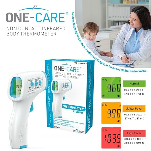 ONE-CARE Digital Infrared Thermometer HTD8813C - Non-Contact, Homedics Thermometer, High Accuracy, Fast Reading, Body & Room Temp, Newborn Baby to Adult, Fever Alarm, Large Display