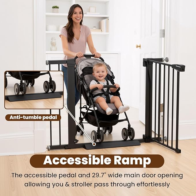 Baby Gate for Stairs, 29.7-40.6" Pressure Mounted Dog Gate, Auto Close Safety Gate for Children & Pets, Easy Install Pet Gate with Walk Thru Door for Doorways & Hallways, No Drilling, Dual-Lock Design
