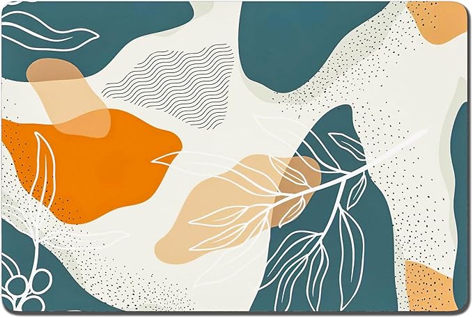 Rnivvi Dog Food Mat, 12" x 19" Boho Absorbent Dog Cat Bowl Mat for Food and Water, 3MM Anti-Slip Rubber Pet Feeding Rug Protect Floors, Puppy Placemat for Feeding & Watering Supplies, Abstract Leaves