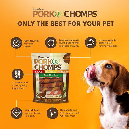 Pork Chomps Baked Pork Skin Dog Chews, 6 Inch Twists, 24 Count - Assorted Flavors - Long-Lasting Treats for Dogs - High Protein, Rawhide-Free, Low Fat, Healthy & Delicious Chews