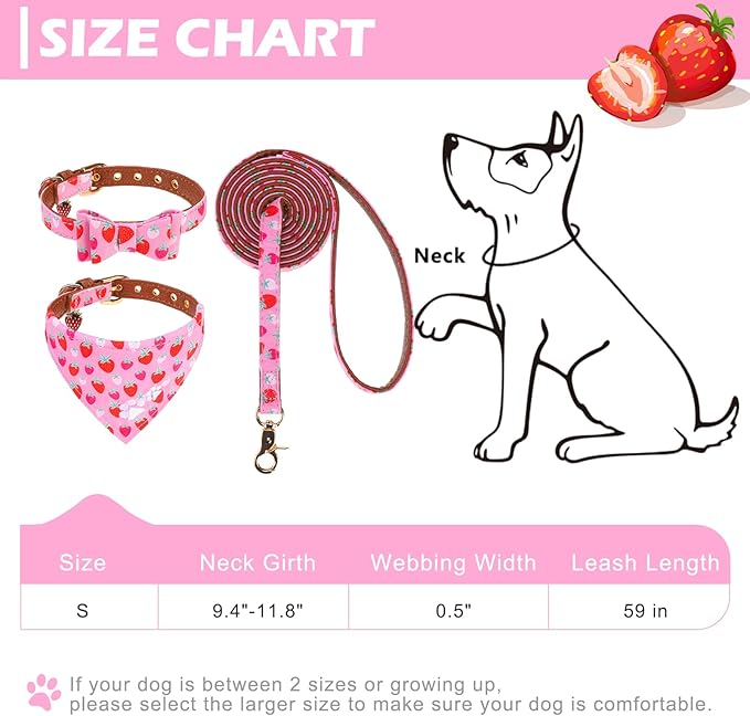 EXPAWLORER Small Collar and Leash Set - Embroidery Pawprints with Bow Tie and Bandana Collar with Bell, Soft Tangle Free Leash for Dogs Cats Outdoor Walking, Holiday Ideal Gift Pink Strawberry S