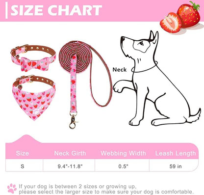 EXPAWLORER Small Collar and Leash Set - Embroidery Pawprints with Bow Tie and Bandana Collar with Bell, Soft Tangle Free Leash for Dogs Cats Outdoor Walking, Holiday Ideal Gift Pink Strawberry S