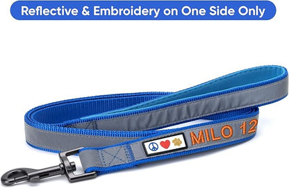 Pawtitas Personalized Blue Dog Leash 6 ft Custom ID Lead for Dogs & Puppies Reflective Comfortable Padded Handle Embroidered Name & Phone Number