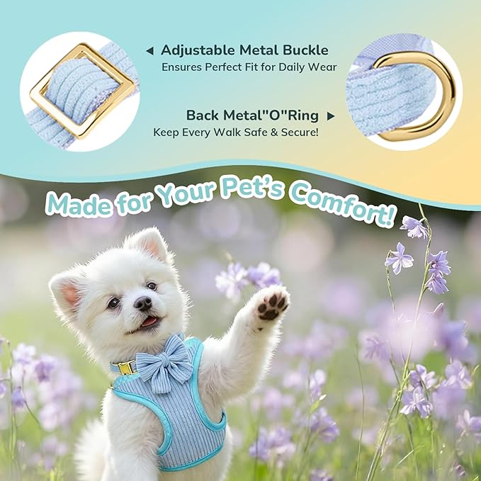 Small Dog Collar Harness and Leash Set, Dog Harness no Pull with Bowtie, Breathable Cotton Adjustable Pet Puppy Harness, Easy Walk Dog Harness, M(16-21")