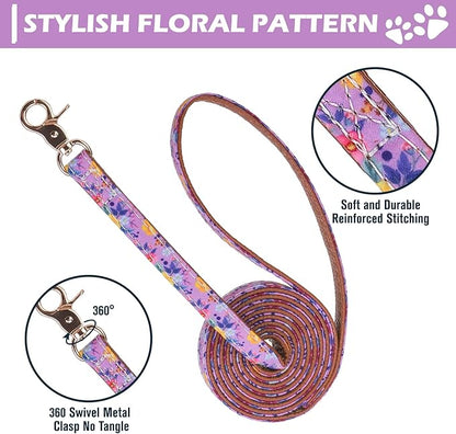 EXPAWLORER Dog Collar and Leash Set - Embroidery Floral Dog Bow Tie and Bandana Collar with Bell, Cute Flower Pet Collars and Rotating Leash No Tangle for Outdoor Walking, Purple S