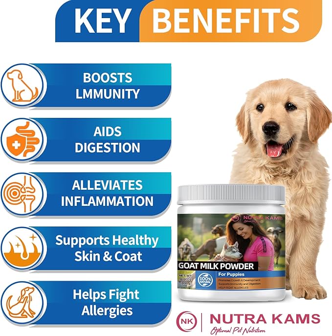 Nutra Kams Goat Milk Powder with Taurine for Puppies and Dogs Digestive Health, Strong Bones and Healthy Teeth.14. oz, 100% Natural.