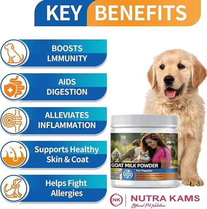 Nutra Kams Goat Milk Powder with Taurine for Puppies and Dogs Digestive Health, Strong Bones and Healthy Teeth.14. oz, 100% Natural.