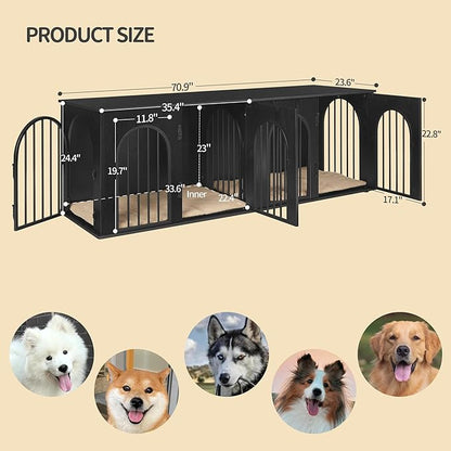 Hzuaneri 71" Dog Crate Furniture for 2 Dogs, Heavy Duty Indoor Dog Kennel TV Stand, XL Wooden Dog Cage with Divider for Medium Large Dogs, End Table Dog Crate with Cushion, Black DFC81904B