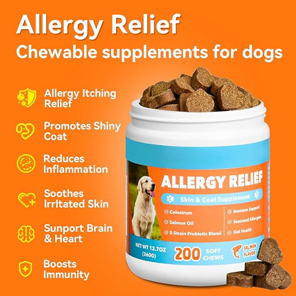 Dog Allergy Chews 200ct- Probiotics for Dogs with 5 Gut Digestive Enzymes,Colostrum- Dog Allergy Itch Relief for Hot Spots Ears Paw Licking, Skin & Coat Seasonal Allergies lmmune Support