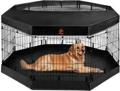 PJYuCien Dog Playpen with Top Cover and Bottom Pad - Metal Foldable Exercise Pen, 8 Panels 30" H x 24" W Indoor Outdoor Pet Fence Puppy Crate Kennel, Black