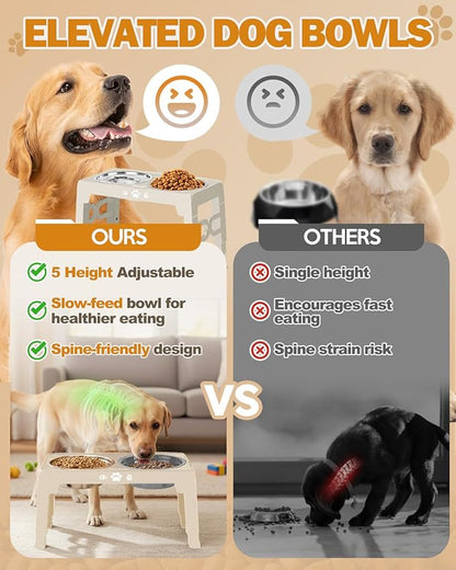Jovrun Elevated Dog Bowls for Medium Size Dogs with Mat, Non-Slip Dog Feeder with 1*Stainless Steel Dishes & 1*Slow Feeder Bowl, 5 Heights Adjustable Raised Bowls for 3.15″-8.66″-9.84″-11.02″-12.2″