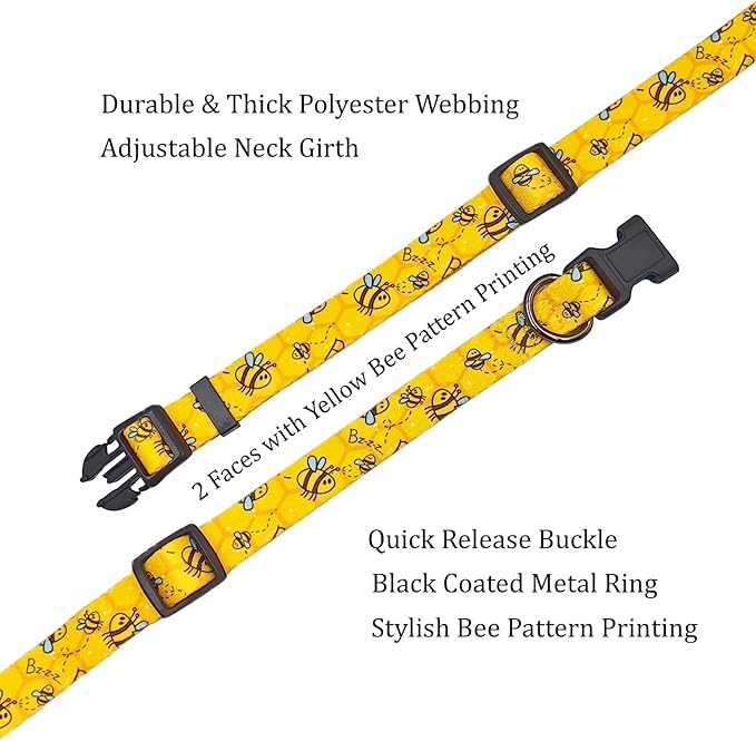 Dog Collar Leash Set, Busy Bee Pattern, 5ft Matching Leash, Polyester Material, 4 for Small Medium Large Dogs.(L, Bee)
