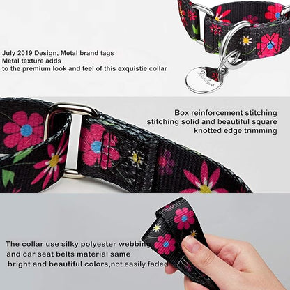 Martingale Collar Floral Print Dog Collar - No Pull Pet Collar, Heavy Duty for Medium Dogs, Adjustable Neck 14 Inch to 21 Inch, Sun Flower (Black)