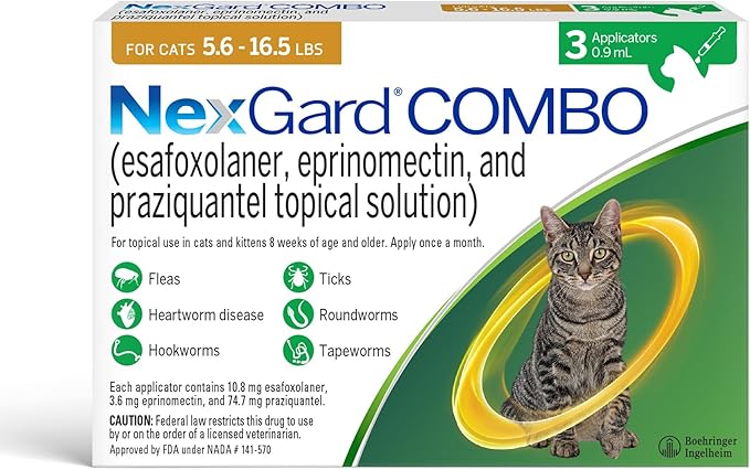 NexGard® Combo (esafoxolaner, eprinomectin, and praziquantel Topical Solution) Flea and Tick Protection Plus Heartworm Disease Preventive for Cats, 5.6-16.5 lbs. (Yellow Box) 3 Doses (3 Month Supply)