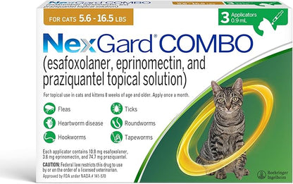 NexGard® Combo (esafoxolaner, eprinomectin, and praziquantel Topical Solution) Flea and Tick Protection Plus Heartworm Disease Preventive for Cats, 5.6-16.5 lbs. (Yellow Box) 3 Doses (3 Month Supply)
