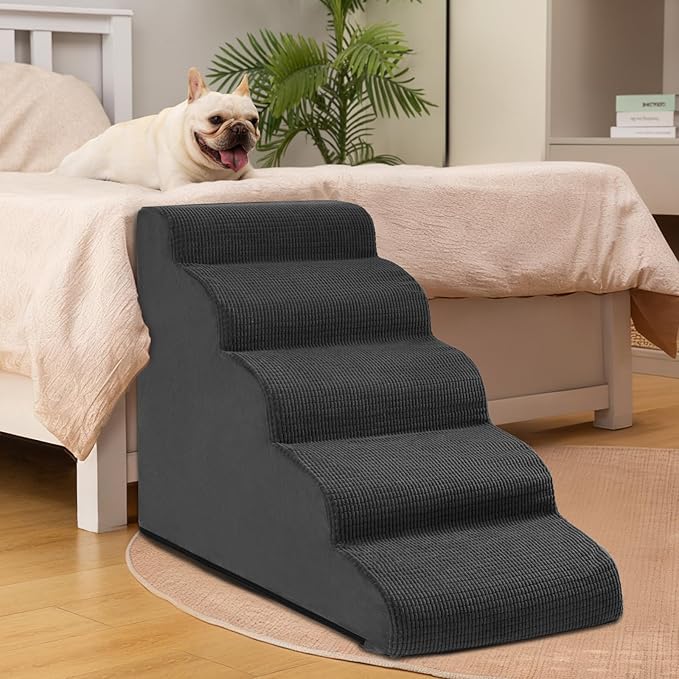Aodisman 5-Step Dog Stairs and Ramp for High Bed, Non-Slip Sturdy Pet Steps for Small Dogs and Cats,22.2" H, Black