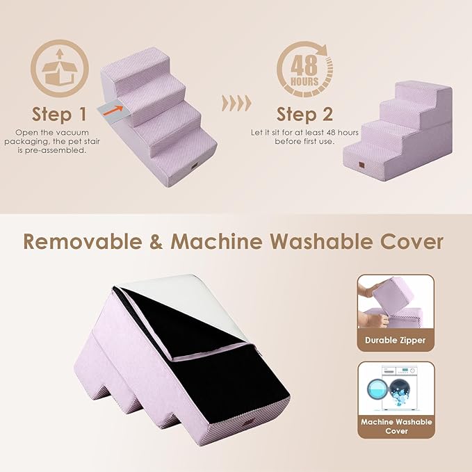 EHEYCIGA Dog Stairs for Bed 18" H, 4-Step Dog Steps for High Bed, Pet Steps for Small Dogs and Cats, Non-Slip Balanced Pet Ramp Indoor, Lilac