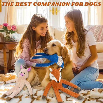 3 Pack No Stuffing Dog Toys Crinkle Squeaky Interactive Plush Dog Toy, not for Aggressive Chewers, to Keep Them Busy,Shape Orange Fox Pink Pig Blue Hippo