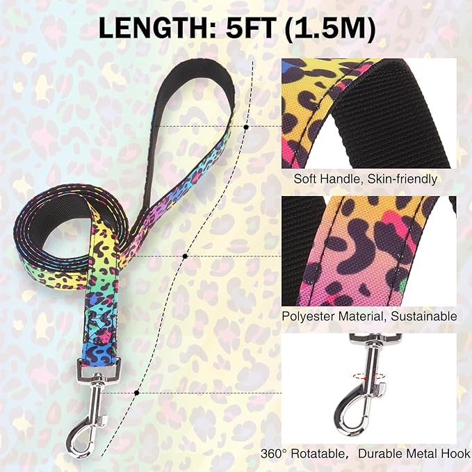 Dog Collar and Leash Set for Small Dogs, Adjustable Soft Puppy Collar with Quick Release Buckle, 5FT Heavy Duty Nylon Matching Leash for Boy Girl Chihuahua, Yorki, Bulldog, Leopard S