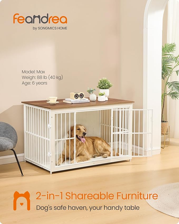 Feandrea Wooden Dog Crate Furniture, 48 Inches Heavy-Duty Kennel for Dogs up to 110 lb, with Double Doors and Enclosed Wood Base, Modern Pet Cage End Table Indoor, Rustic White and Honey Brown