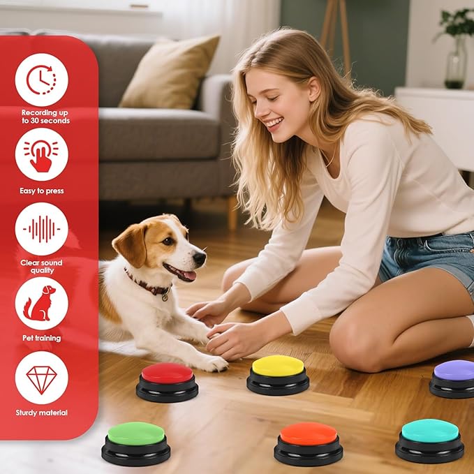 lazycozy® Dog Buttons for Communication - Pack of 6 Talking Buttons with Clear Voice Recording, 30 Seconds, Bright Colors, Easy Press for Pet Training