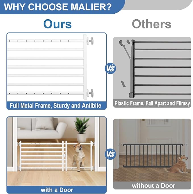 Malier Indoor Dog Gate with Door, 26-41" Extra Wide Full Metal Pet Gate Short Dog Gate for Stairs, Pressure Mount 24'' Tall Small Puppy Gate, Easy Step Over Low Gate for Doorways